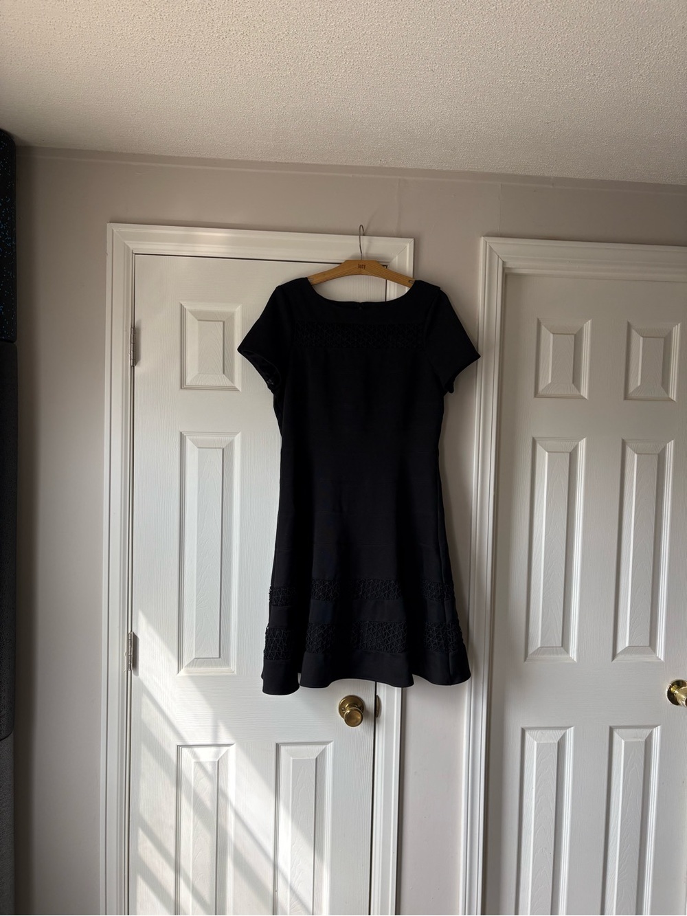 White House Black Market Black Short-Sleeve A-Line Dress with Crochet Trim